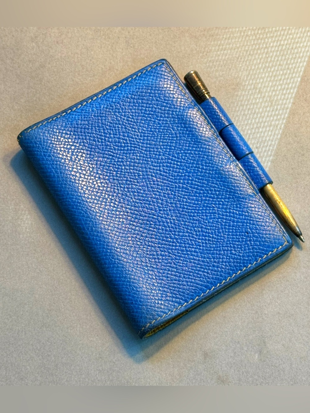 Hermes Denim Blue Mini Leather Notepad Cover, SS Pen.